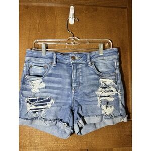 American Eagle Next Level Stretch Distressed Denim Shorts Womens 10 Blue Raw Hem